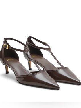 Mango Brown Patent T-Strap Pointed Kitten Heels